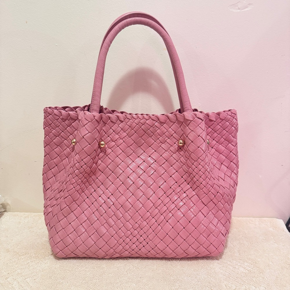 Ghibli Pink Genuine Leather Woven Tote Handbag Removable Pouch Gold Hardware - Picture 2 of 13